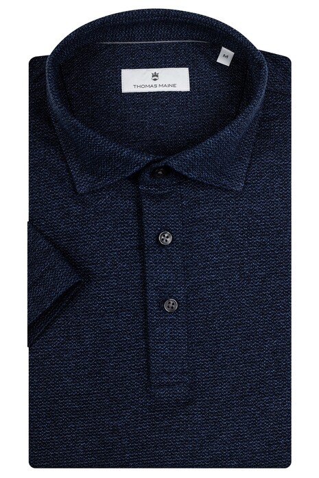 Thomas Maine Texture Cotton Knit Jersey Short Sleeve Two-Tone Poloshirt Navy