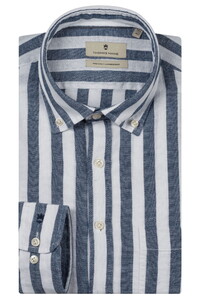 Thomas Maine Torino Button Down Cotton Linen Stripe Shirt Navy