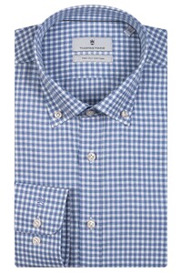 Thomas Maine Torino Button Down Mini Check Two Ply Cotton Shirt Mid Blue-Off White