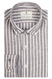 Thomas Maine Torino Linen Stripes Button Down Shirt Dark Olive