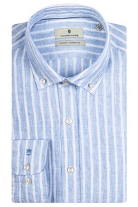 Thomas Maine Torino Linen Stripes Button Down Shirt Light Blue