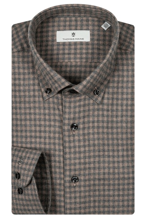 Thomas Maine Torino Twill Flanel Gingham Check Button-Down Overhemd Donker Zand-Grijs