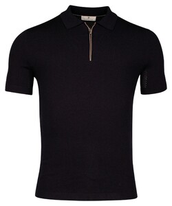 Thomas Maine Uni Color Zip Collar Merino Wool Blend Single Knit And Mesh Knit Poloshirt Navy