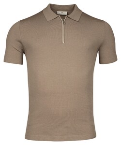 Thomas Maine Uni Color Zip Collar Merino Wool Blend Single Knit And Mesh Knit Poloshirt Taupe