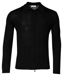 Thomas Maine Uni Stripe Knit Cardigan Polo Zip Collar Merino Wool Vest Zwart
