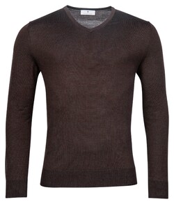 Thomas Maine V-Neck Single Knit Merino Pullover Dark Brown Melange