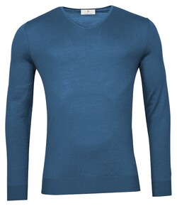Thomas Maine V-Neck Single Knit Merino Wool Trui Midden Blauw