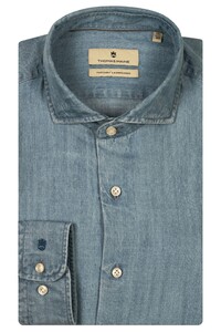 Thomas Maine Washed Denim Tencel Mélange Roma Modern Kent Overhemd Jeans Blauw