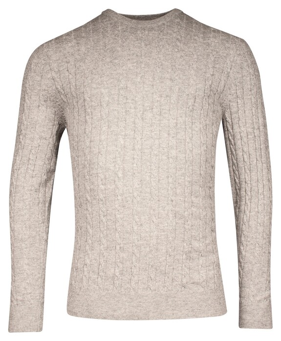 Thomas Maine Wool Cashmere Crew Neck Cable Whole Garment Knit Trui Grijsbeige